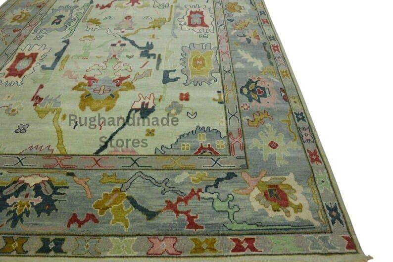 Hand-knotted Oushak wool rug with vintage Turkish floral design in blueish green, 8x10 area rug