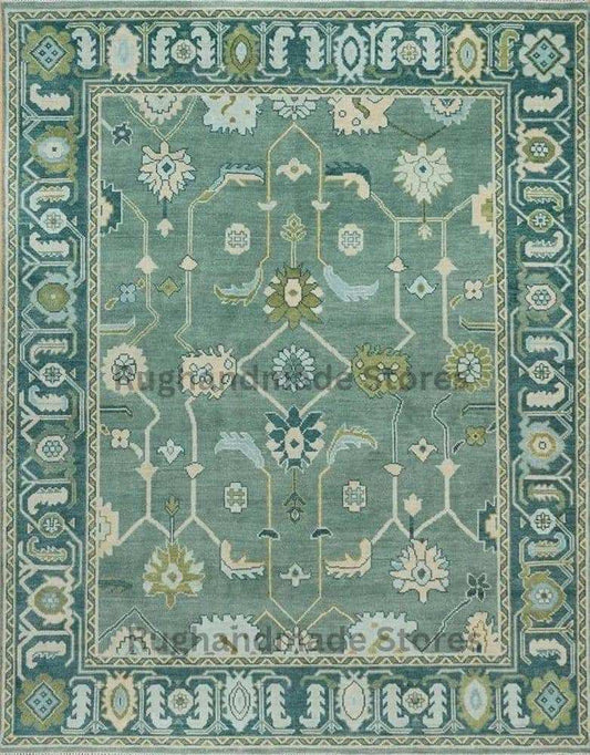 Hand-knotted Oushak wool rug with vintage Turkish floral design in green and blueish tones for living room decor