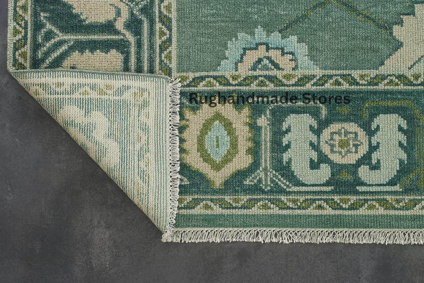 Hand-knotted Oushak wool rug with vintage Turkish floral design in green and blueish tones for living room decor