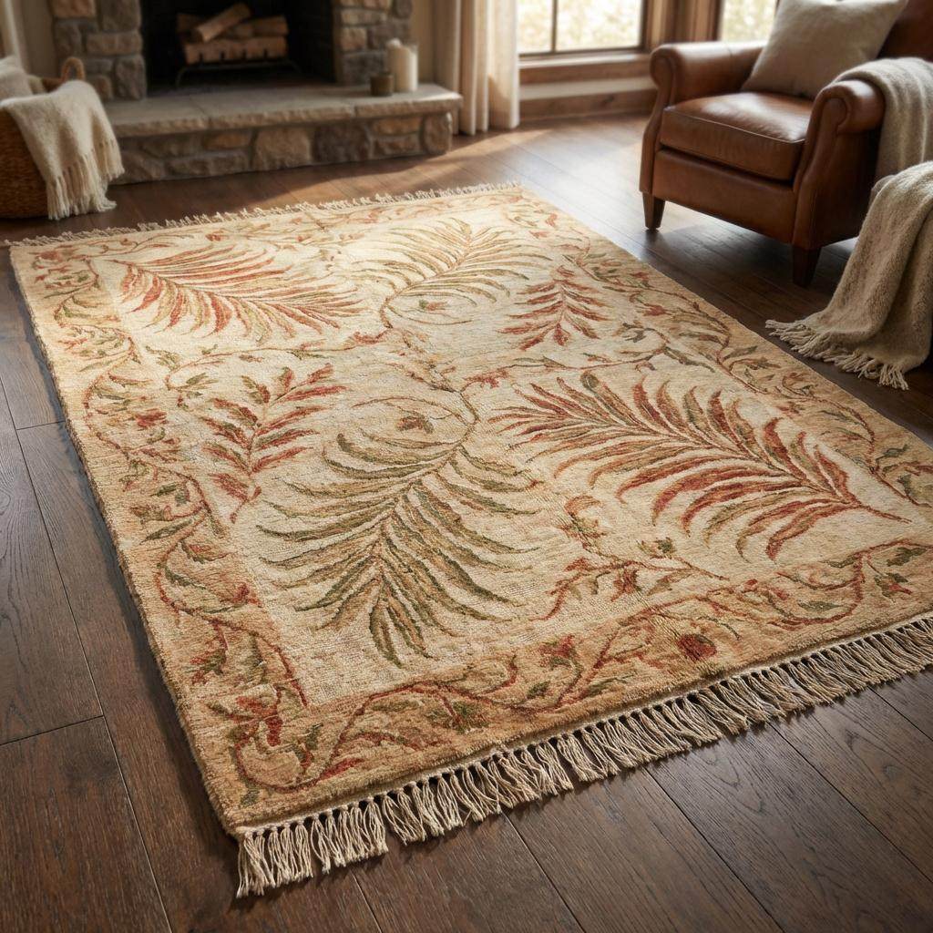 Hand-Knotted Wool Area Rug: Sage Green Oushak Botanical