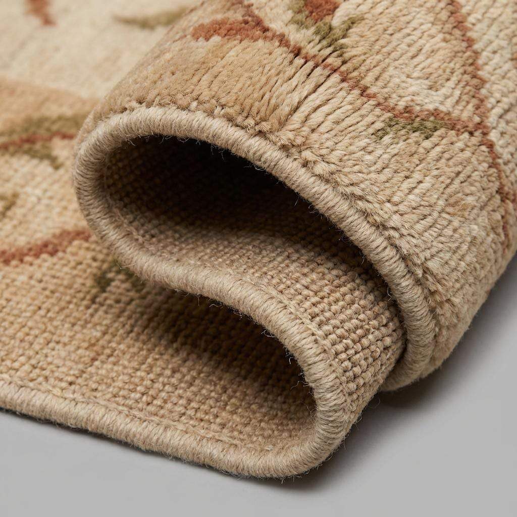 Close-up of the hand-knotted wool texture showing the individual yarn twists, dense pile, and authentic artisan weave structure with no synthetic backing.