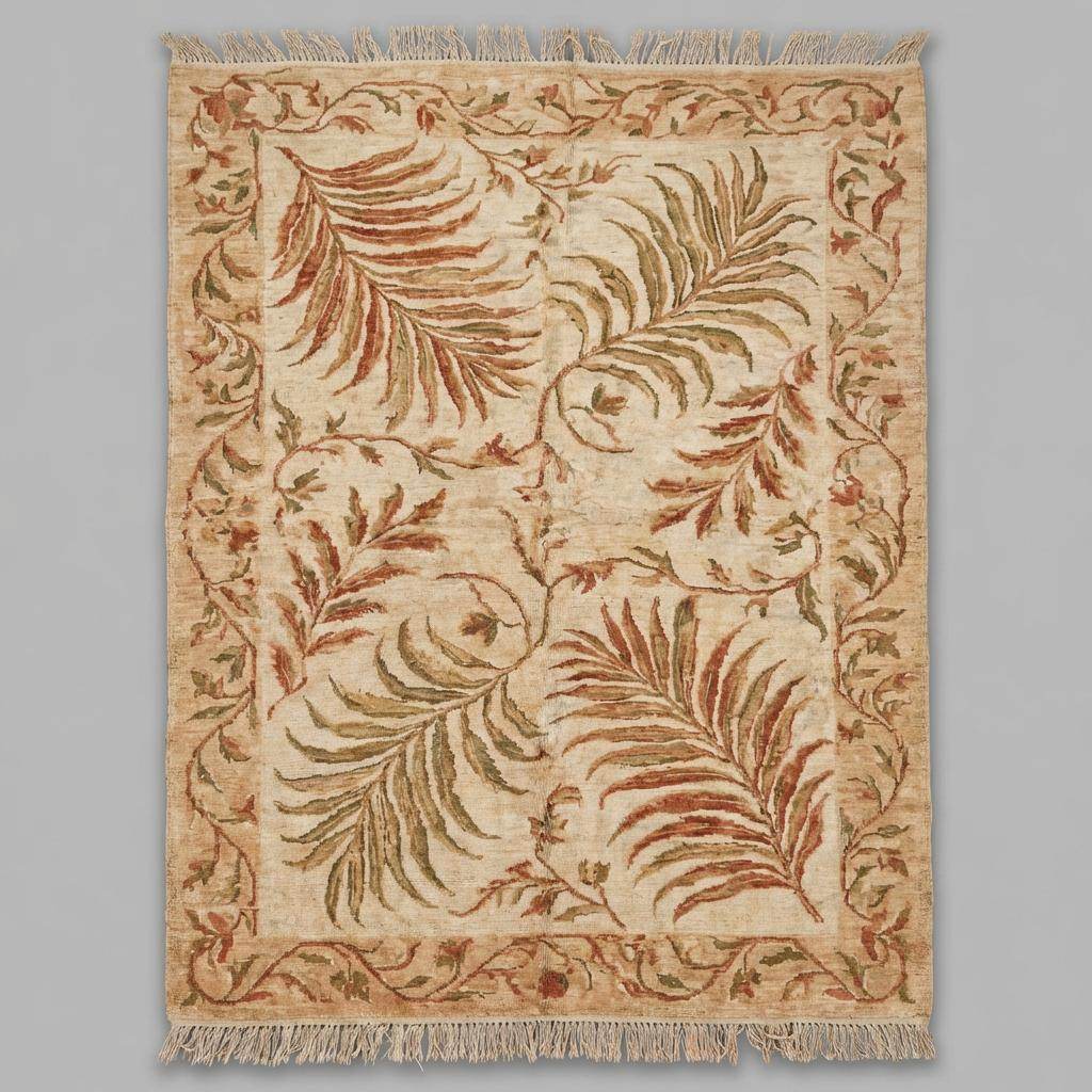 Detailed view of the muted earth tone palette featuring mossy green, rust orange, and sandy beige botanical motifs.