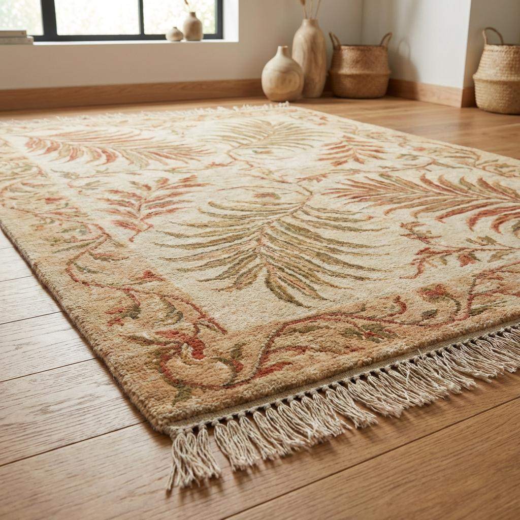 Close-up of the natural cotton fringe ends, showing the authentic extension of the rug's warp threads typical of hand-knotted construction.