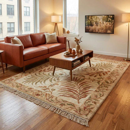 Hand-Knotted Wool Area Rug: Sage Green Oushak Botanical