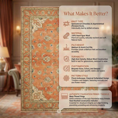 Hand-Knotted Wool Oushak Rug - Terracotta Burnt Orange, Traditional Style