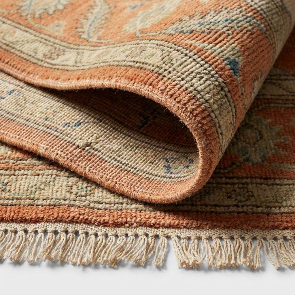 Close-up of the hand-knotted wool pile showing the individual knot structure, natural fiber variations, and soft, dense weave texture.
