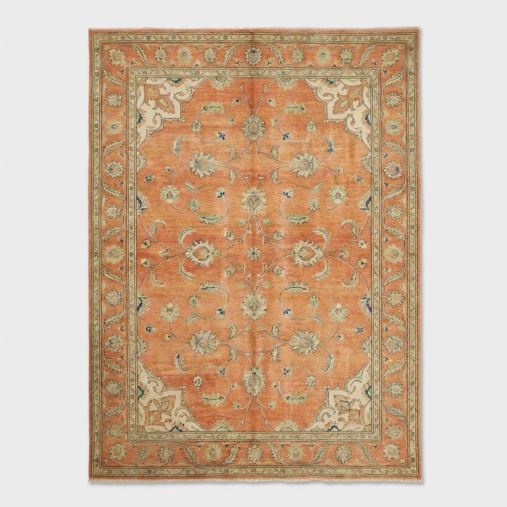 Hand-Knotted Wool Oushak Rug - Terracotta Burnt Orange, Traditional Style