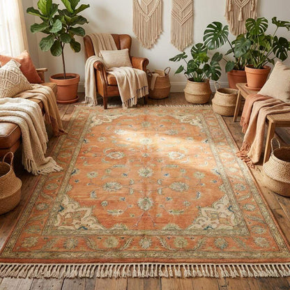 Detail of the ivory corner medallion and intricate floral border of a traditional terracotta wool area rug.