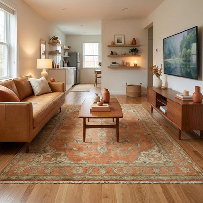 A terracotta and muted green handmade rug placed under a modern chair, showcasing the rug's scale and transitional design.