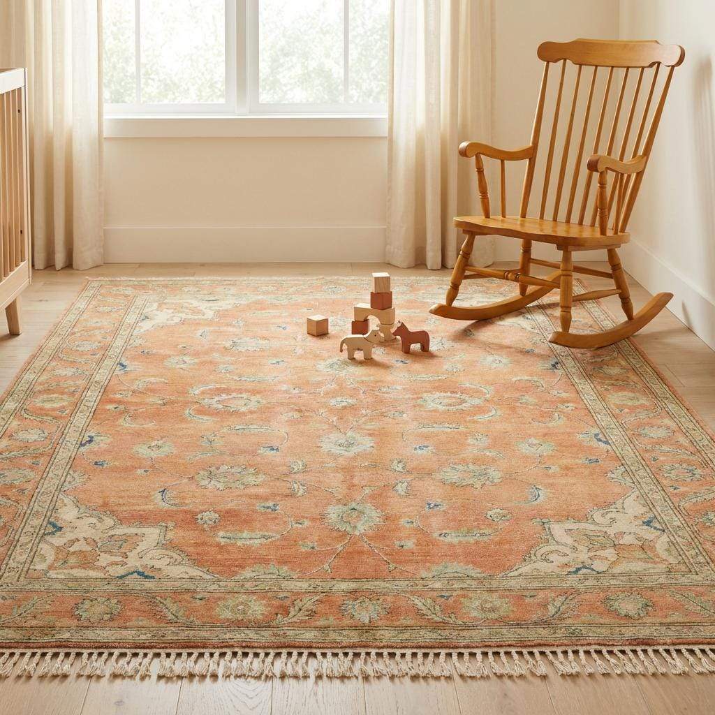 Wide shot of a large terracotta Oushak rug as the centerpiece of a sophisticated living room with natural lighting.