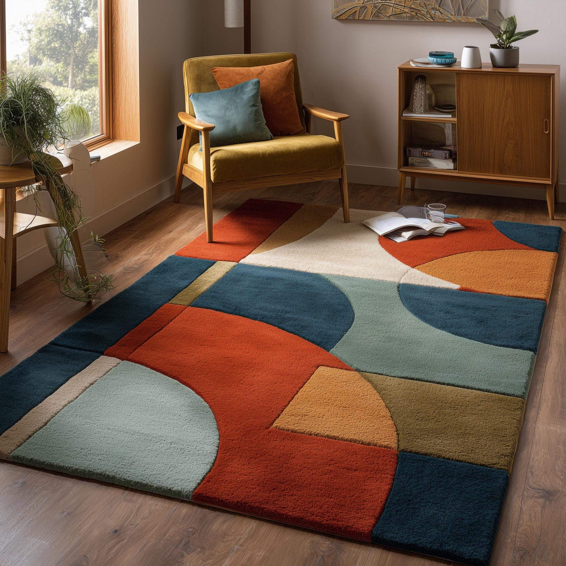 Hand tufted area rug with geometric burnt orange, teal, mustard, and sage tones in mid-century modern wool design