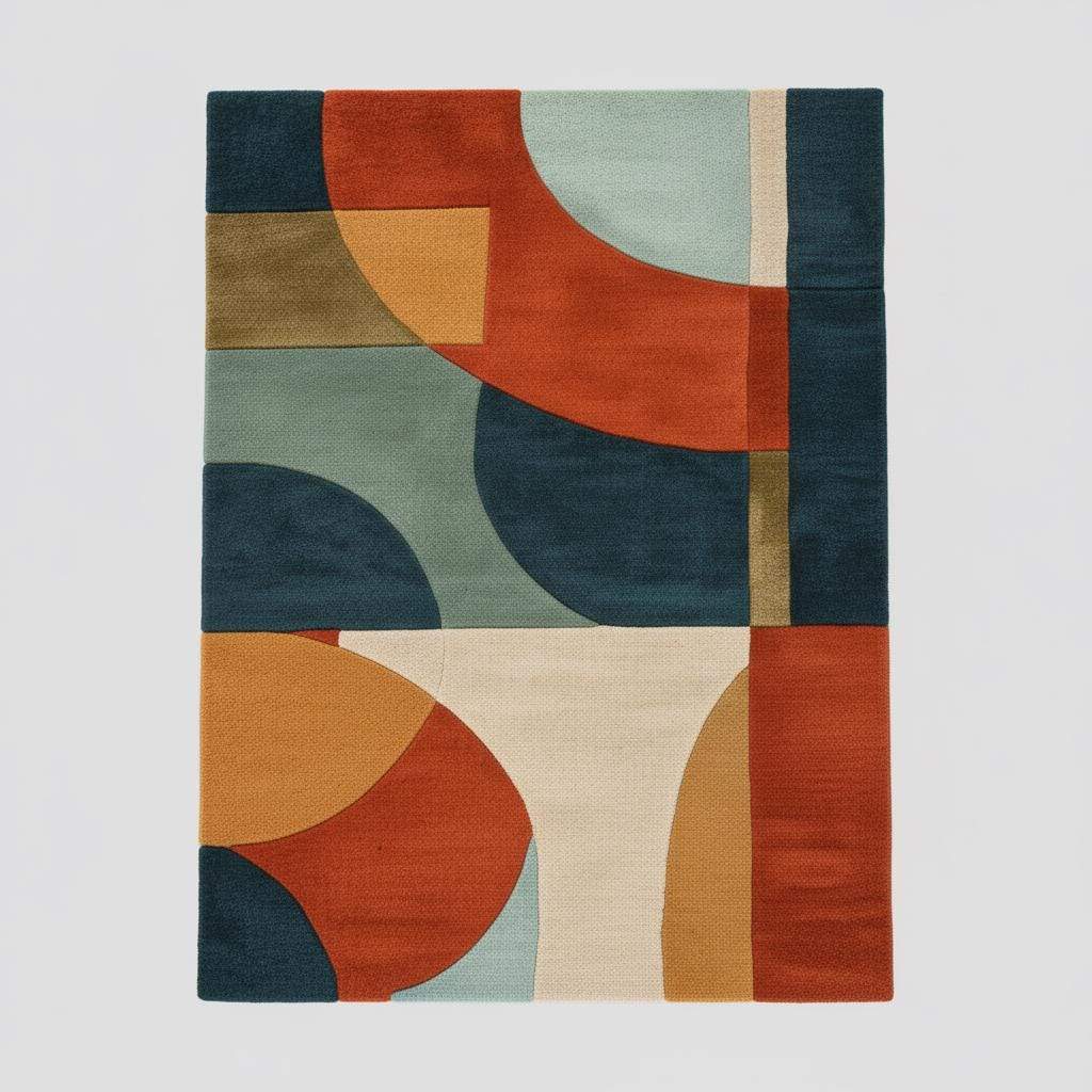 Hand tufted area rug with geometric burnt orange design and mid-century modern style