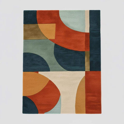 Hand tufted area rug with geometric burnt orange design and mid-century modern style
