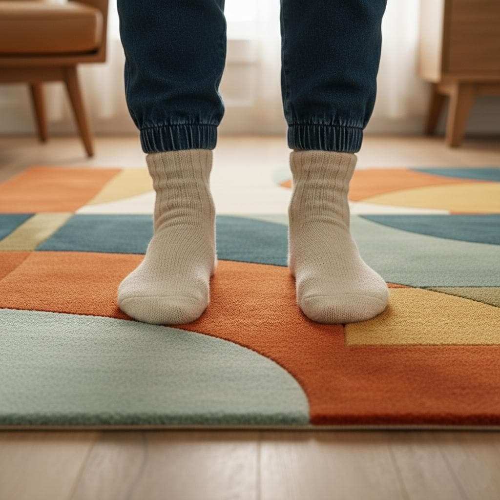Hand tufted area rug with geometric burnt orange mid-century modern design and plush wool texture