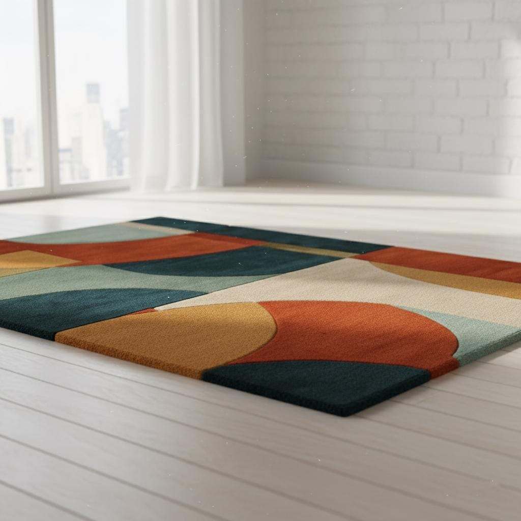Hand tufted area rug with geometric burnt orange and teal mid-century modern design in wool