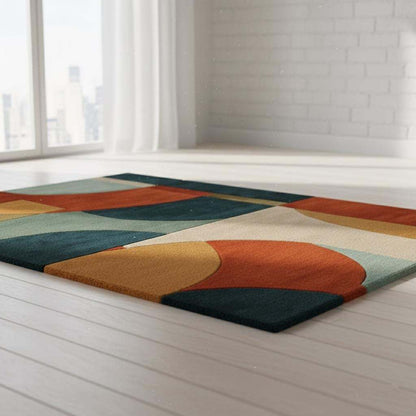 Hand tufted area rug with geometric burnt orange and teal mid-century modern design in wool