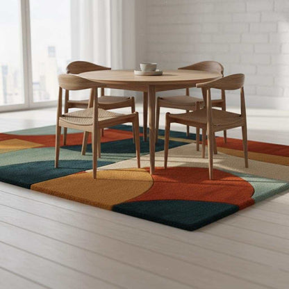 Hand tufted area rug with geometric burnt orange design and mid-century modern style