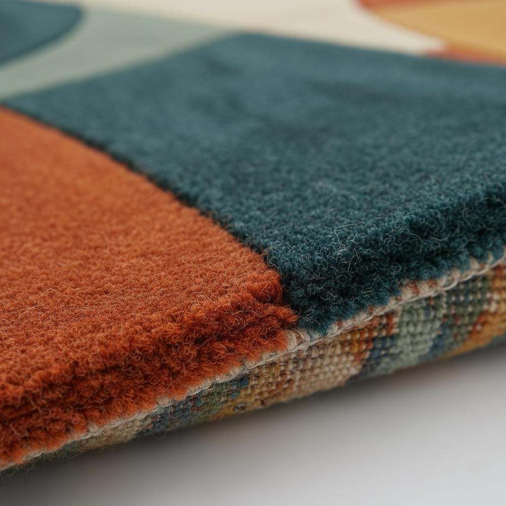 Hand tufted area rug with geometric mid-century modern design in burnt orange and complementary tones