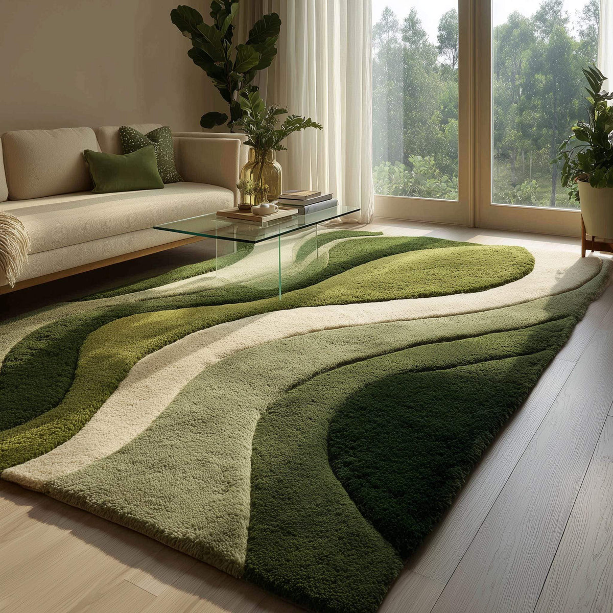 Moss green hand-tufted rug with wave pattern and deep pile softness