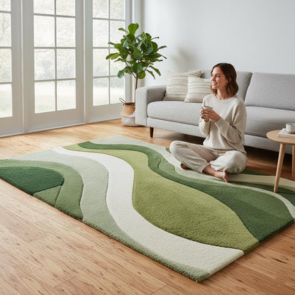 Hand-Tufted Moss Green Wave Rug: Organic Textured Carpet