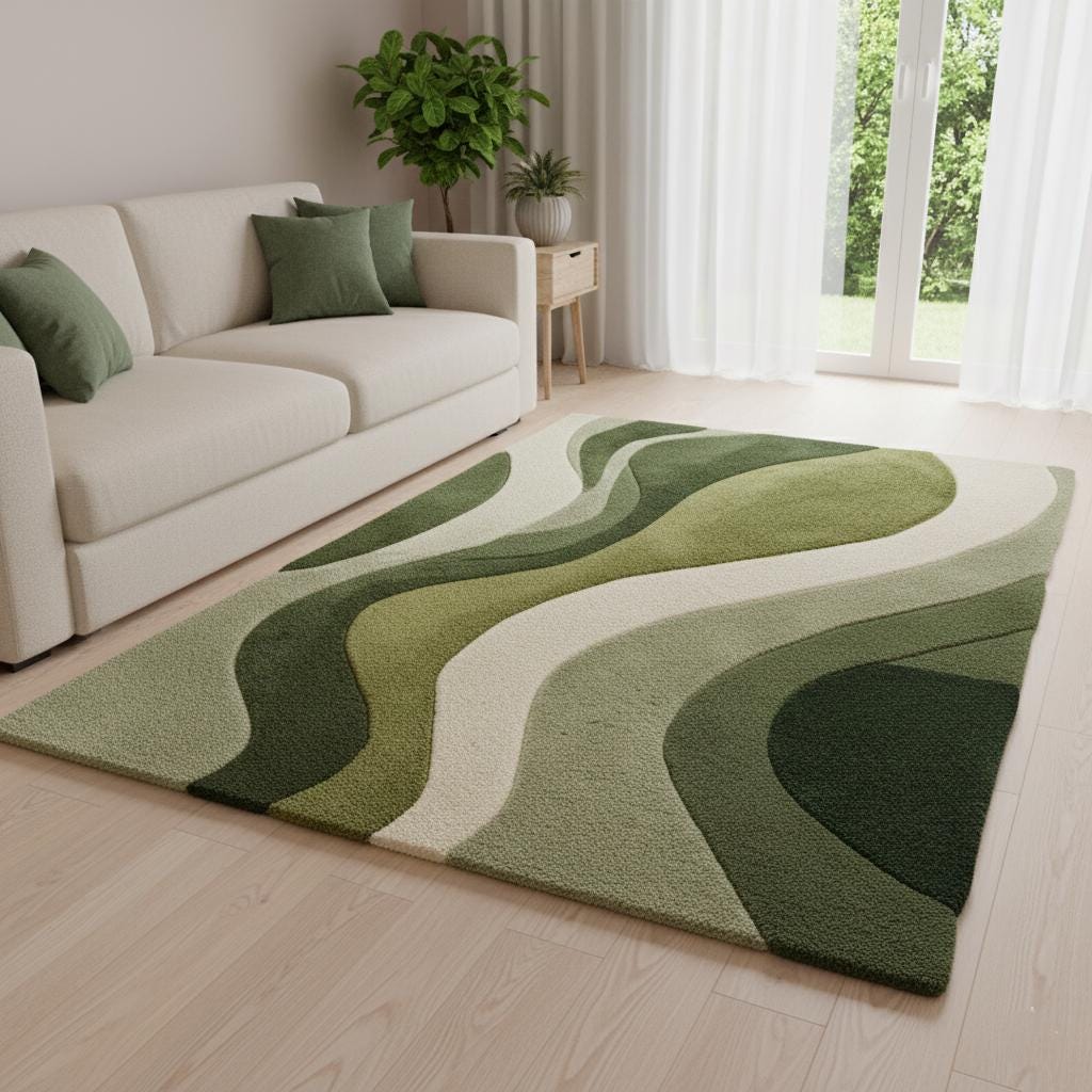 Hand-Tufted Moss Green Wave Rug: Organic Textured Carpet