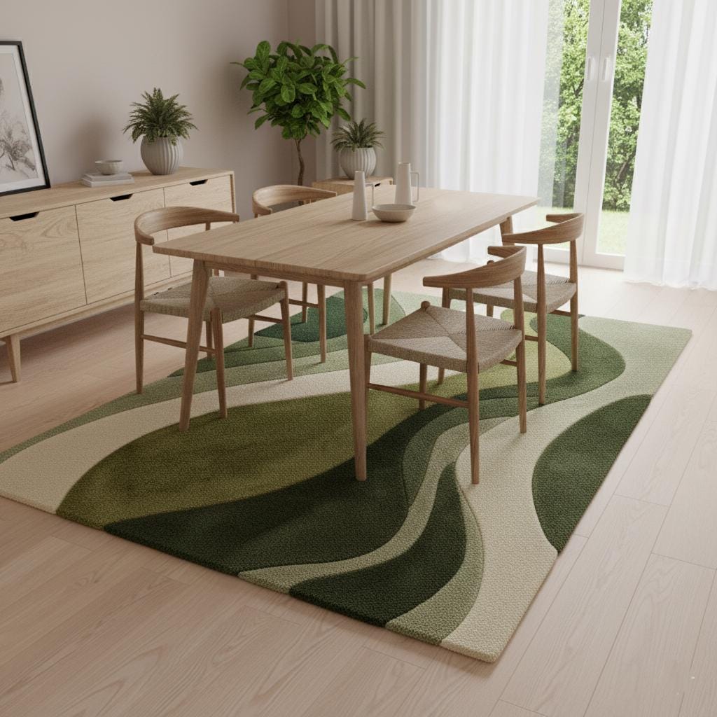 Hand-Tufted Moss Green Wave Rug: Organic Textured Carpet