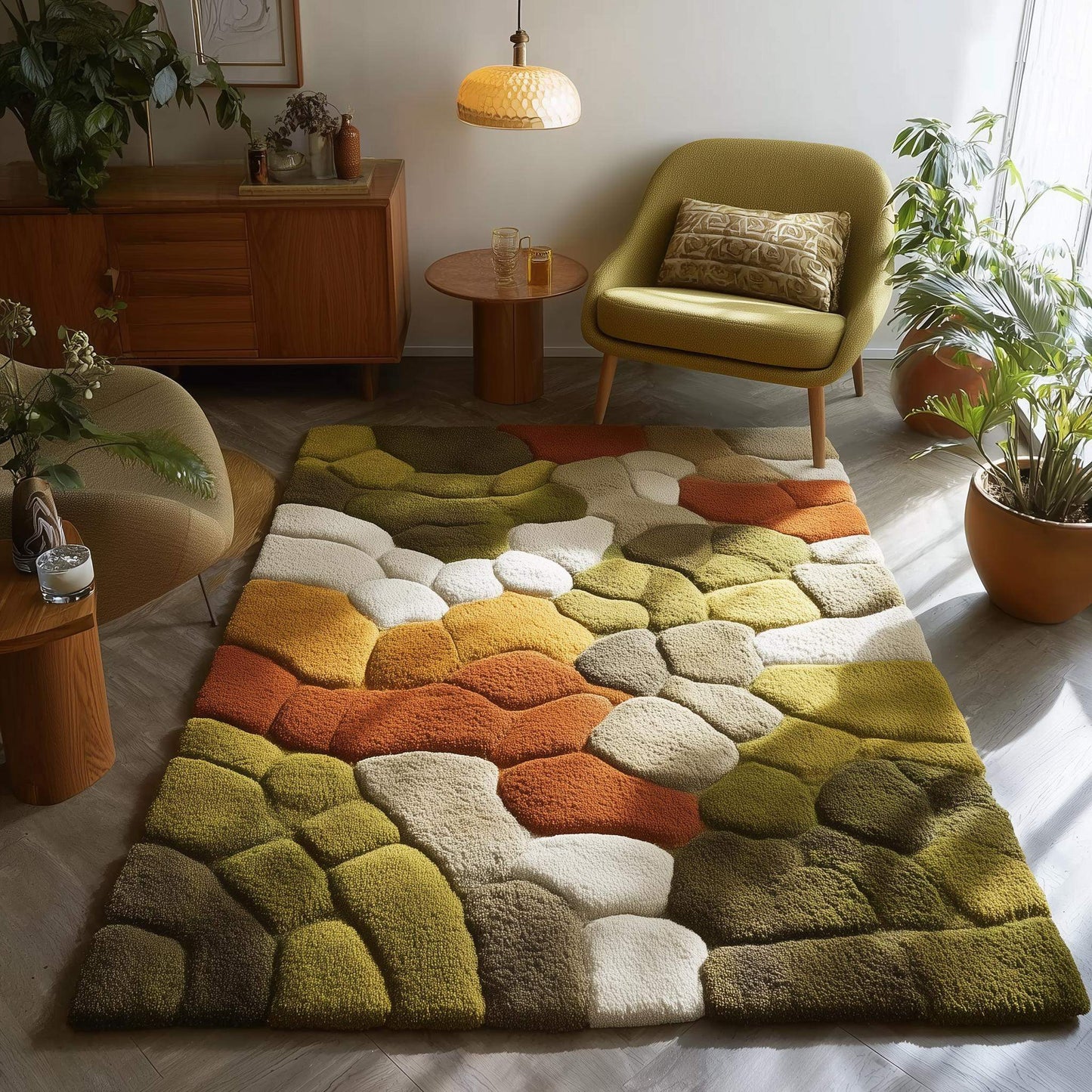 Hand tufted pebble rug with soft textured wool in olive green and burnt orange, ideal for Scandinavian and mid-century modern decor.