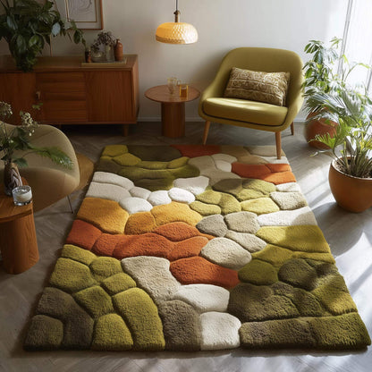 Hand tufted pebble rug with soft textured wool in olive green and burnt orange, ideal for Scandinavian and mid-century modern decor.