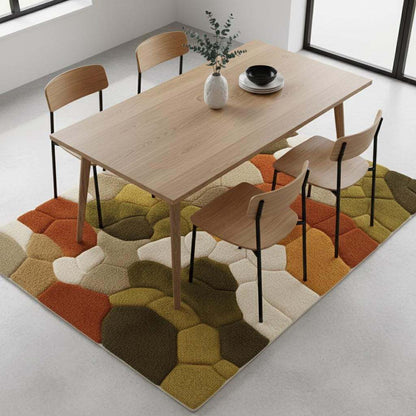 Hand tufted pebble rug with soft textured wool in olive green and burnt orange, ideal for Scandinavian and mid-century modern decor.