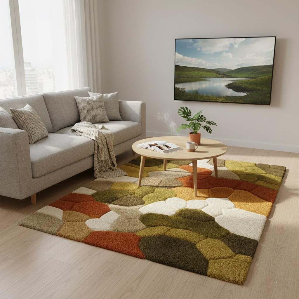 Hand tufted pebble rug with soft pebble texture in olive green and burnt orange, eco-friendly wool, Scandinavian decor style.