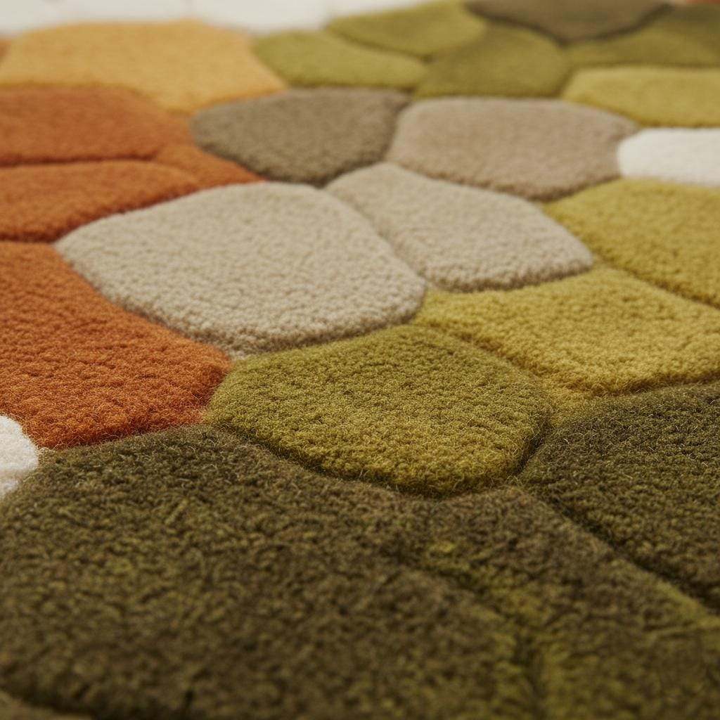 Hand tufted pebble rug with soft pebble texture in olive green and burnt orange for Scandinavian decor living room