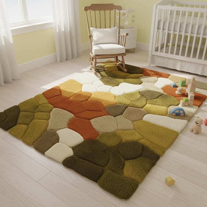 Hand tufted pebble rug with soft textured wool in olive green and burnt orange Scandinavian decor style