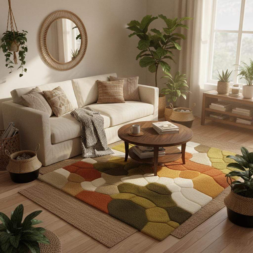 Hand tufted pebble rug in olive green and burnt orange with soft textured wool for Scandinavian living room decor