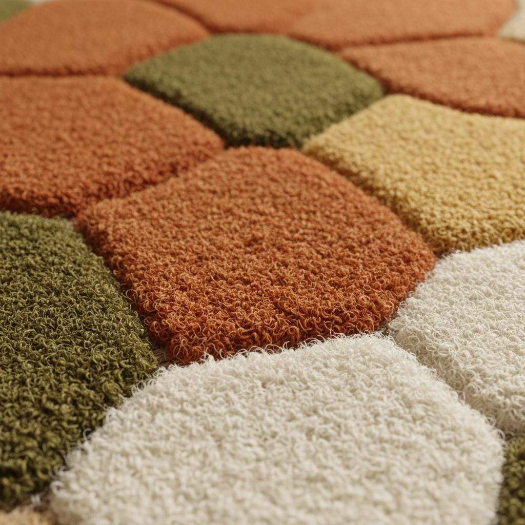 Hand tufted pebble rug with soft textured wool in olive green and burnt orange for Scandinavian decor