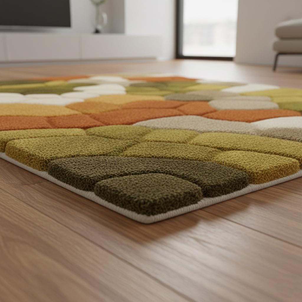 Hand tufted pebble rug with soft textured wool in olive green and burnt orange for Scandinavian decor