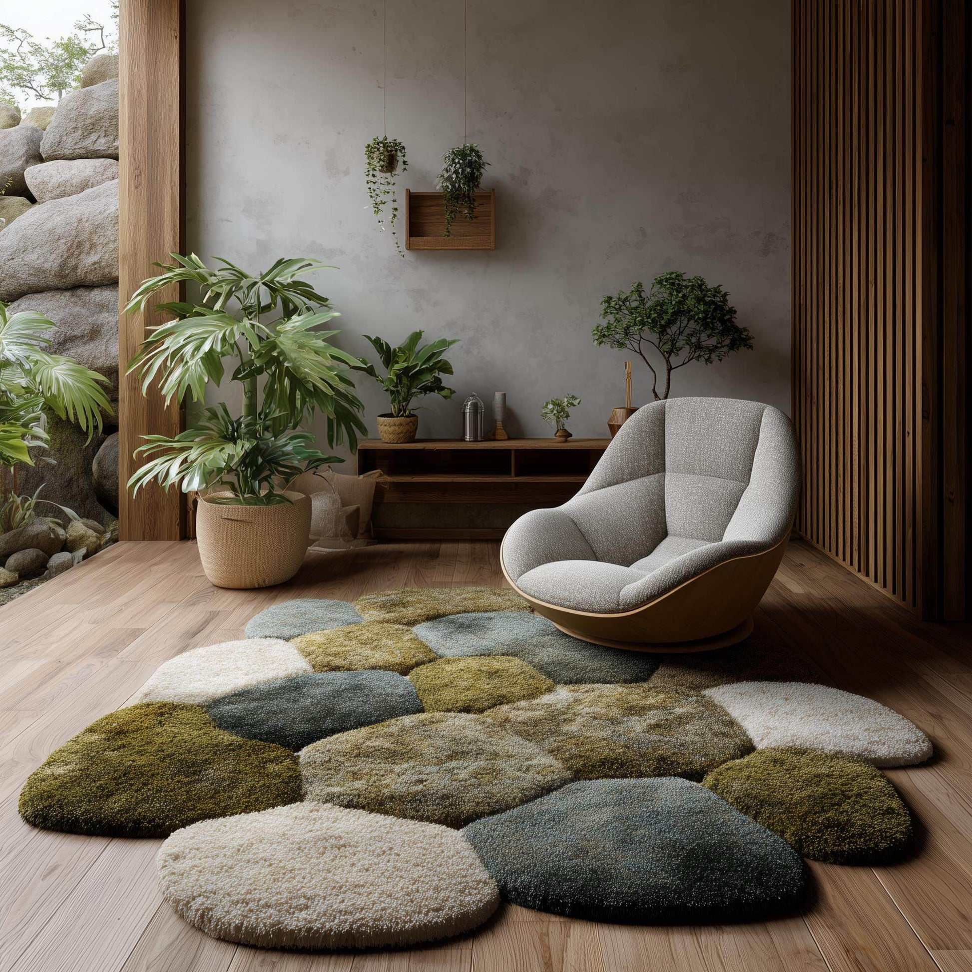 Hand-tufted pebble rug with plush high pile and biophilic earth tones in an irregular pebble shape