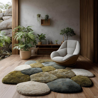 Hand-tufted pebble rug with plush high pile and biophilic earth tones in an irregular pebble shape