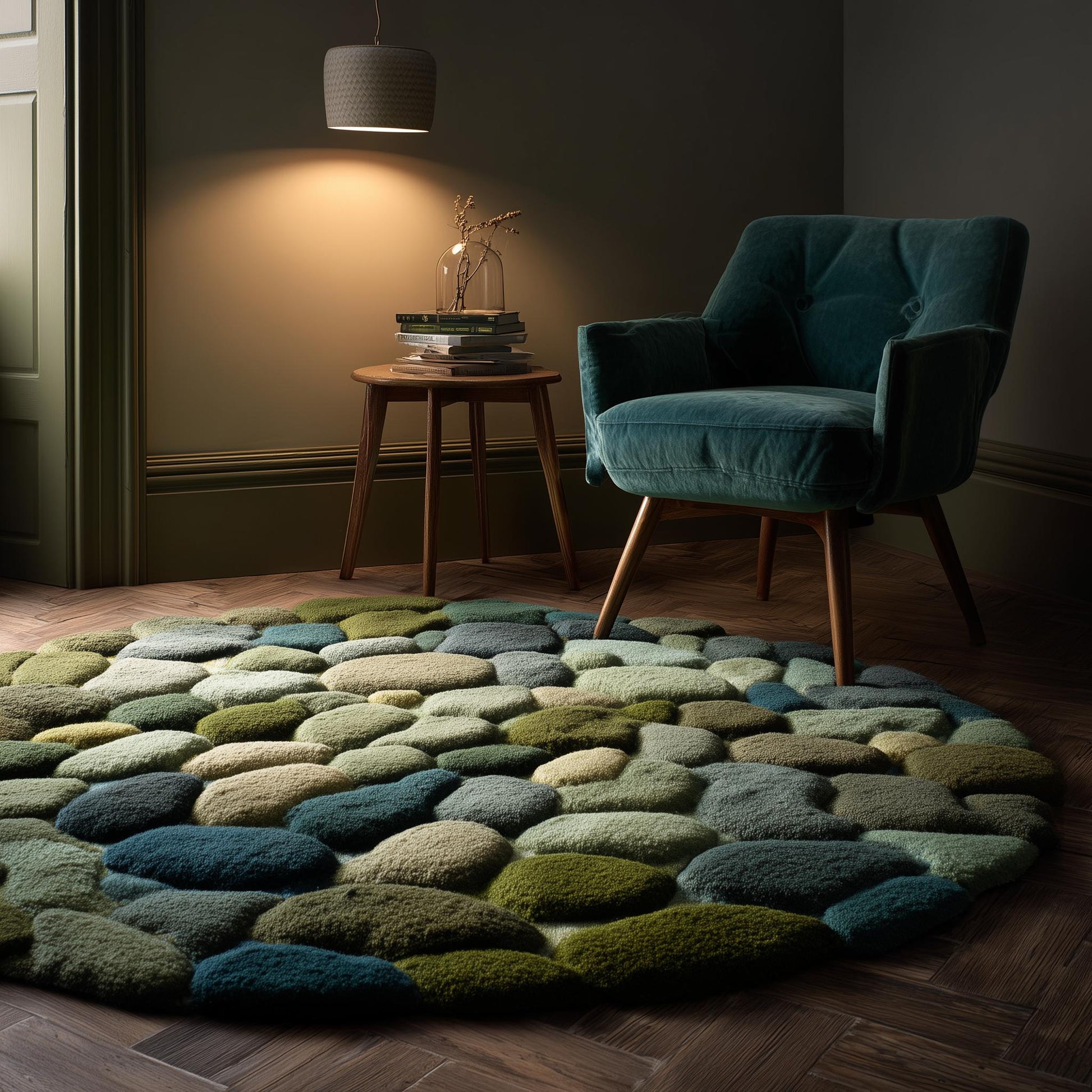 Hand tufted round wool rug with green teal pebble texture, 6x6 ft accent carpet