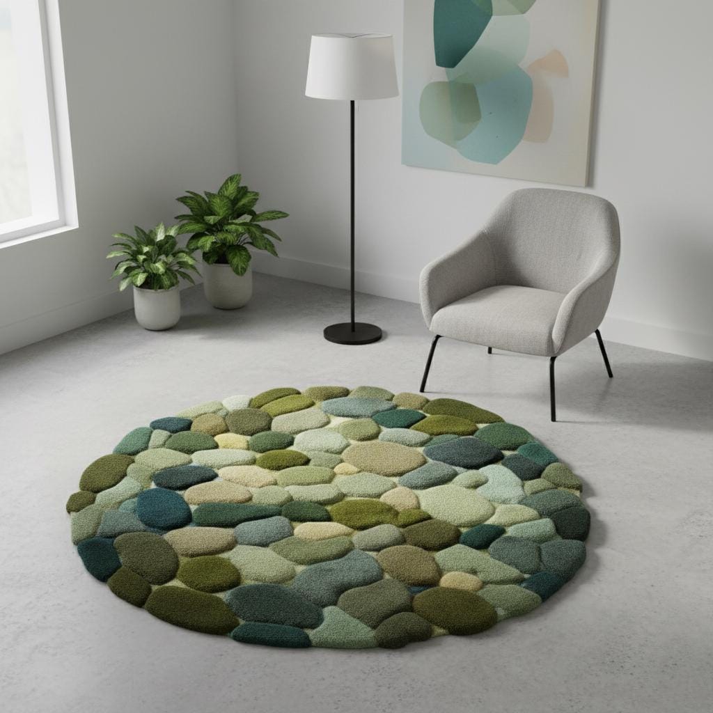 Hand Tufted Round Pebble Texture Rug • Green Teal Wool Accent Rug • Home Décor Modern Mid-Century Carpet Teppich • Handmade Area Rugs & Rug