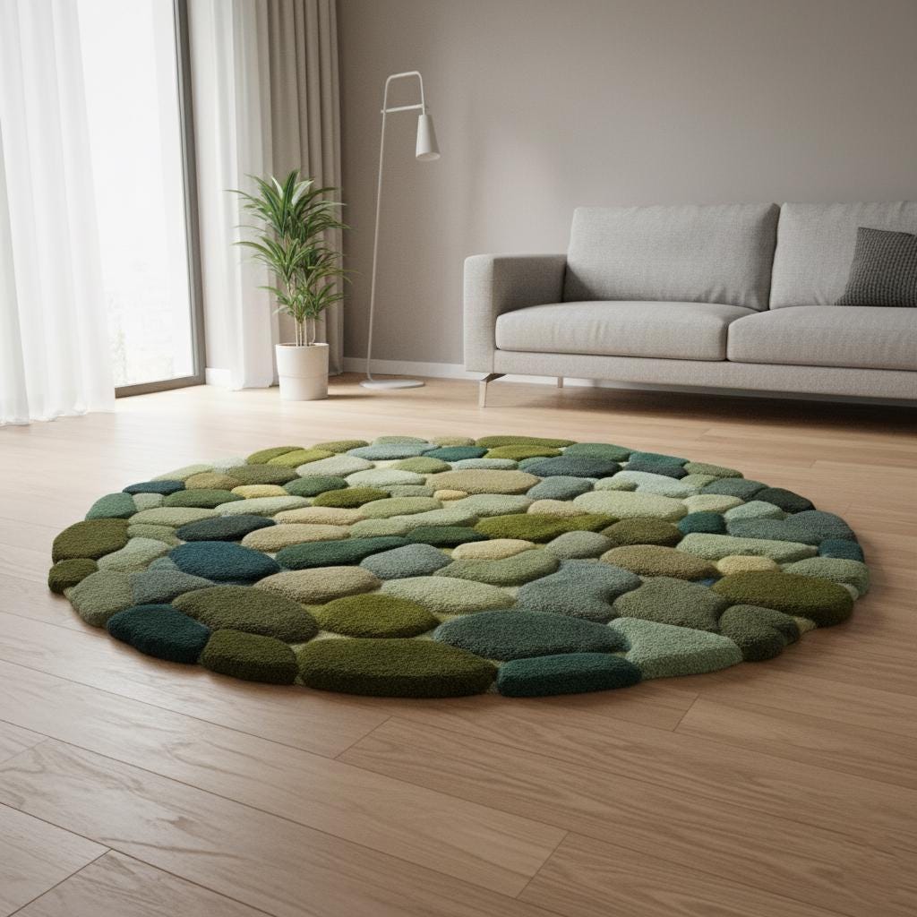 Hand Tufted Round Pebble Texture Rug • Green Teal Wool Accent Rug • Home Décor Modern Mid-Century Carpet Teppich • Handmade Area Rugs & Rug