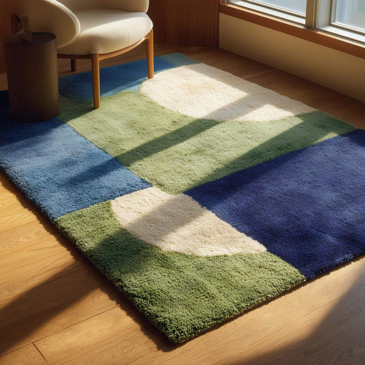 Hand tufted mid-century modern wool rug with bold blue and green geometric design