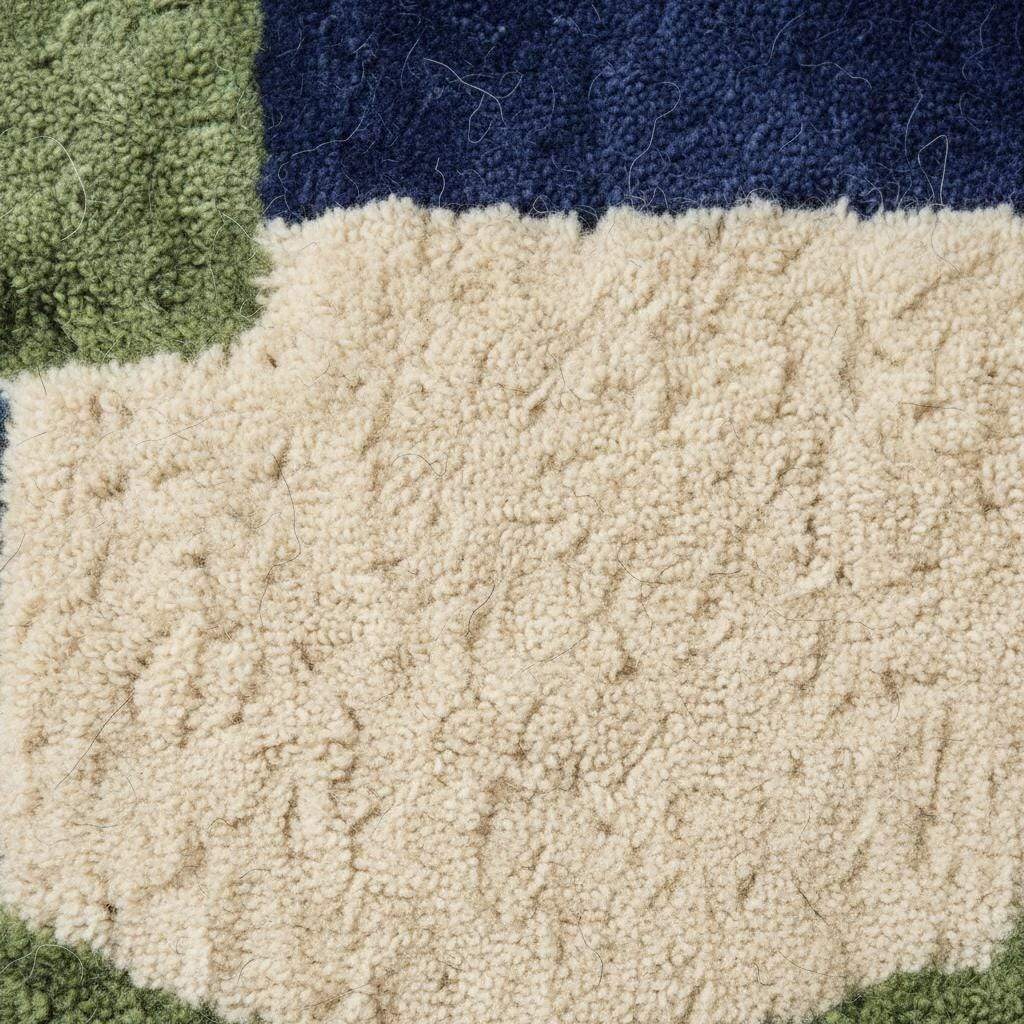 Hand tufted rug with bold blue and green geometric design, soft wool texture, and plush pile for mid-century modern decor