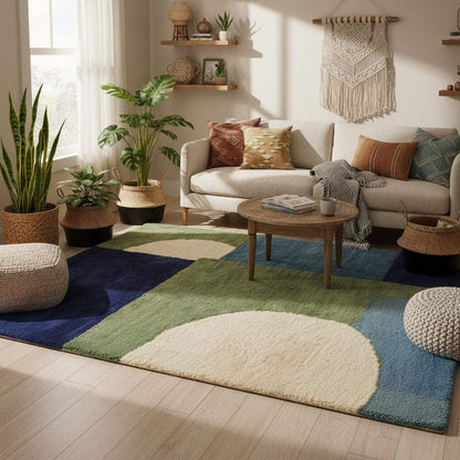 Hand tufted mid-century modern wool rug with blue and green geometric design