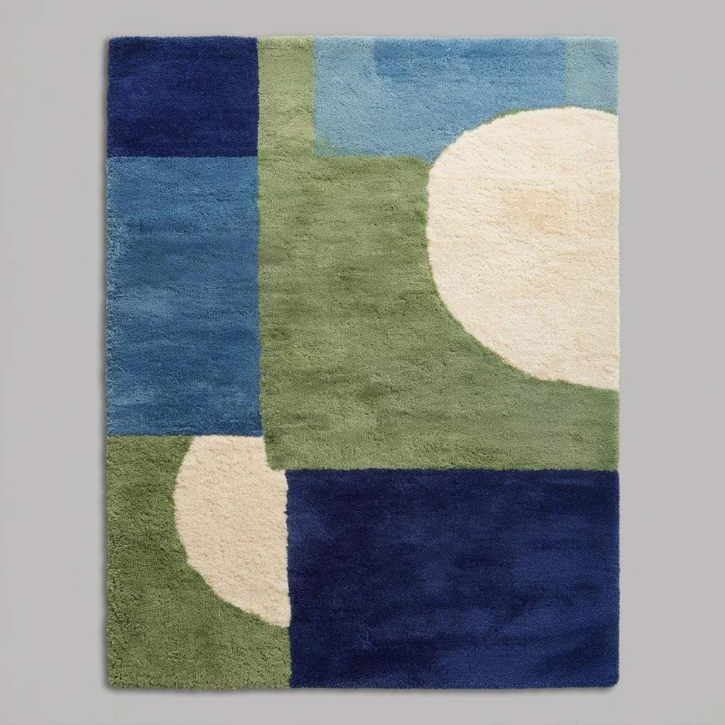 Hand tufted wool rug with mid-century modern blue and green geometric design