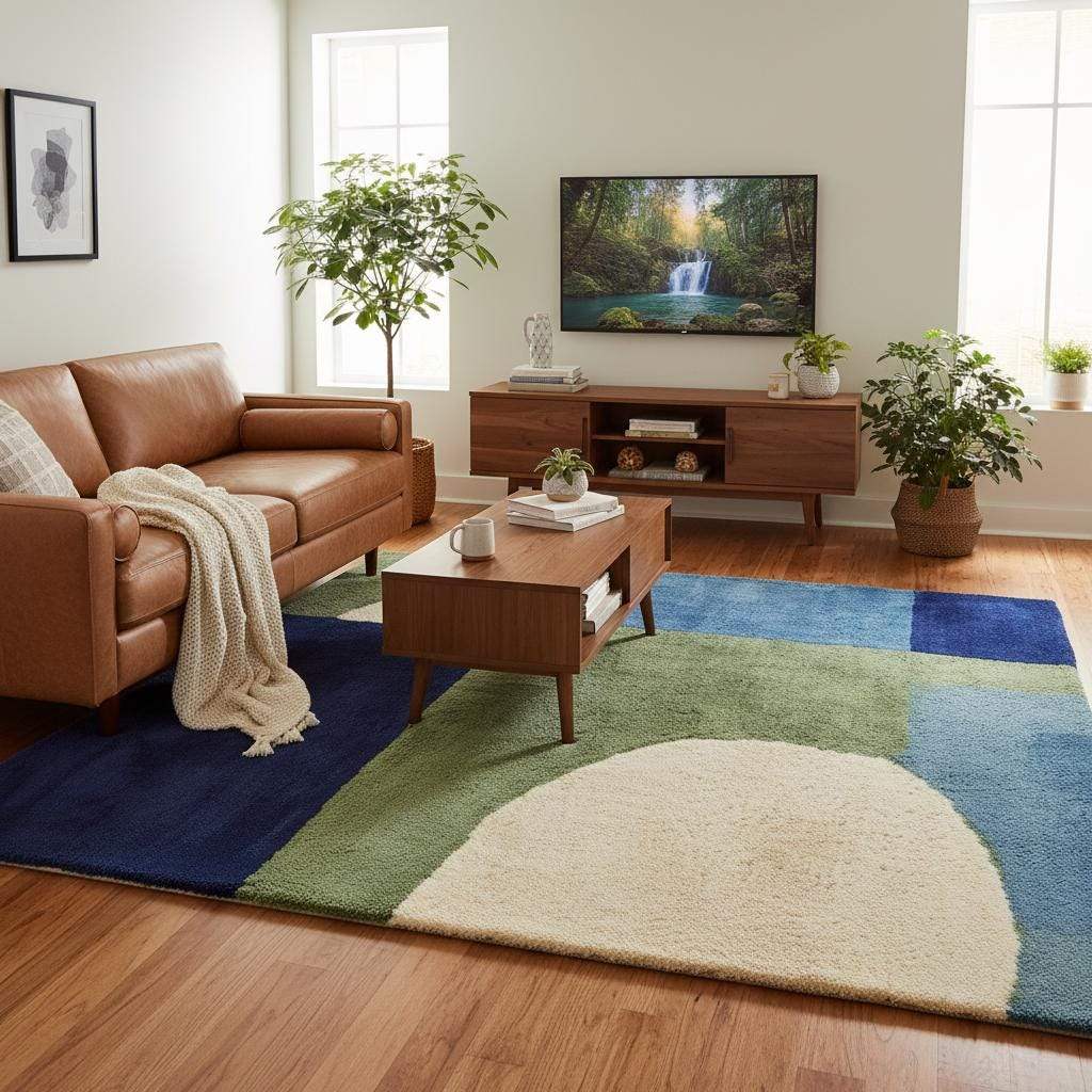 Hand tufted wool rug with blue and green mid-century geometric design