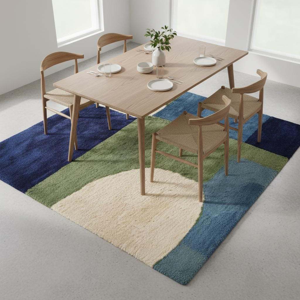 Hand tufted rug with mid-century modern geometric blue and green wool design