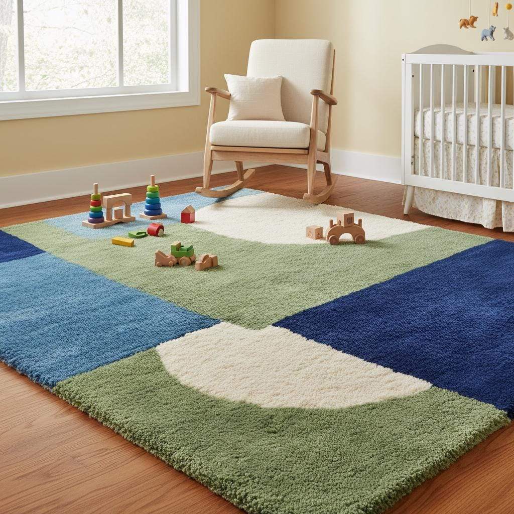 Hand tufted wool rug with mid-century modern geometric blue and green color blocks