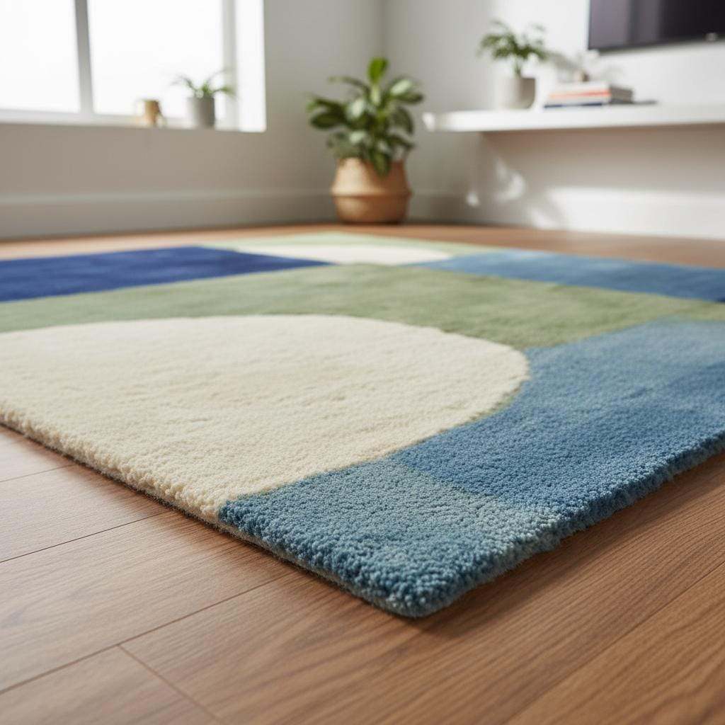Hand tufted mid-century modern geometric wool rug with blue and green color blocks
