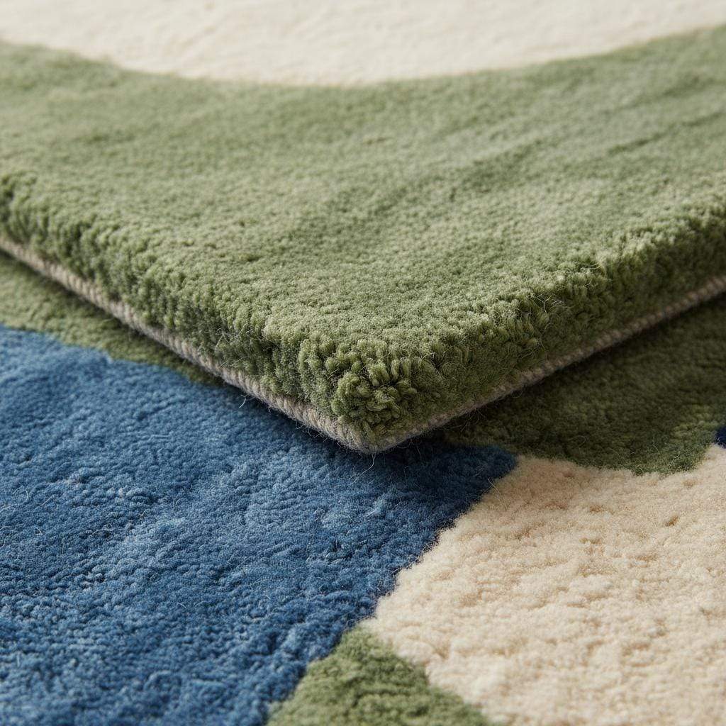 Hand tufted mid-century modern rug with bold blue and green geometric wool design