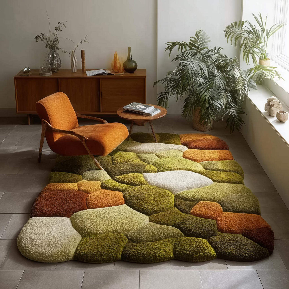 Hand tufted pebble rug in moss green and burnt orange with textured high pile design